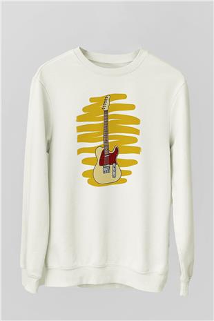 Elektro Gitar Baskılı Beyaz Unisex Sweatshirt