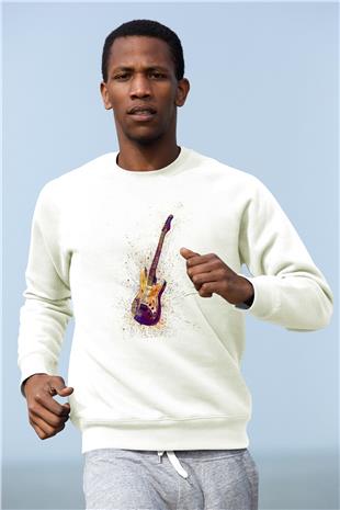 Elektro Gitar Baskılı Beyaz Unisex Sweatshirt
