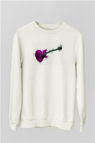 Elektro Gitar Baskılı Beyaz Unisex Sweatshirt
