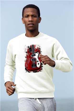 Elektro Gitar Baskılı Beyaz Unisex Sweatshirt