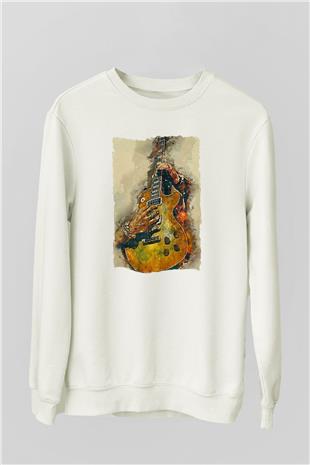 Elektro Gitar Baskılı Beyaz Unisex Sweatshirt