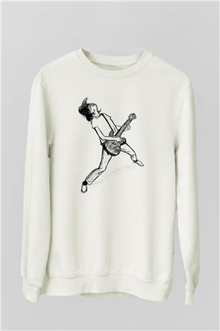Elektro Gitar Baskılı Beyaz Unisex Sweatshirt