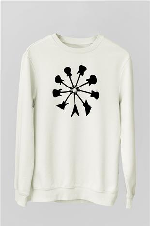 Elektro Gitar Baskılı Beyaz Unisex Sweatshirt