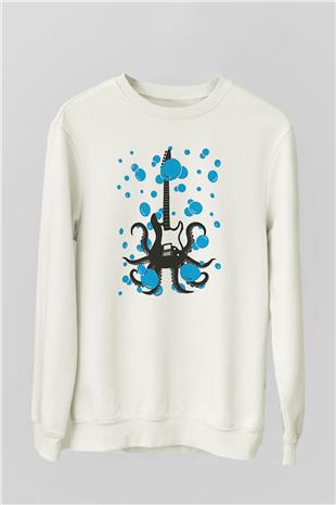 Elektro Gitar Baskılı Beyaz Unisex Sweatshirt