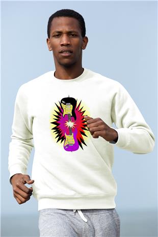 Elektro Gitar Baskılı Beyaz Unisex Sweatshirt