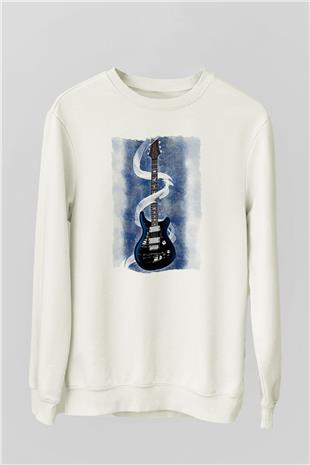 Elektro Gitar Baskılı Beyaz Unisex Sweatshirt