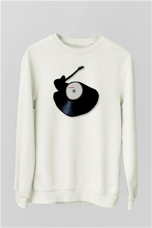 Elektro Gitar Baskılı Beyaz Unisex Sweatshirt