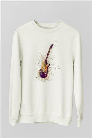 Elektro Gitar Baskılı Beyaz Unisex Sweatshirt