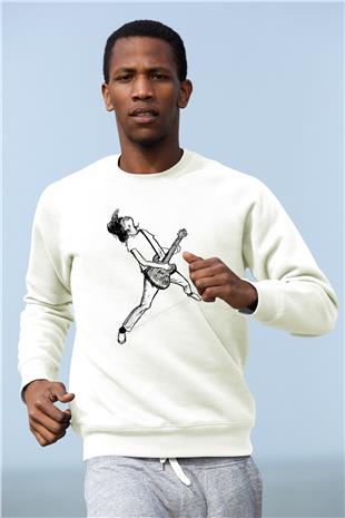 Elektro Gitar Baskılı Beyaz Unisex Sweatshirt
