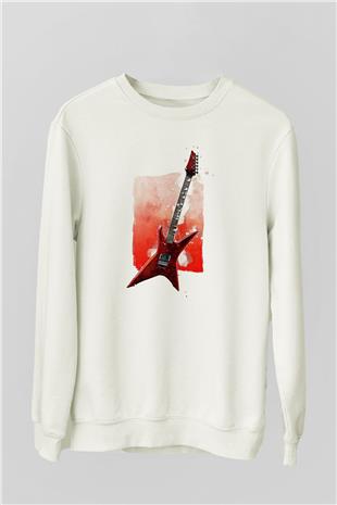 Elektro Gitar Baskılı Beyaz Unisex Sweatshirt
