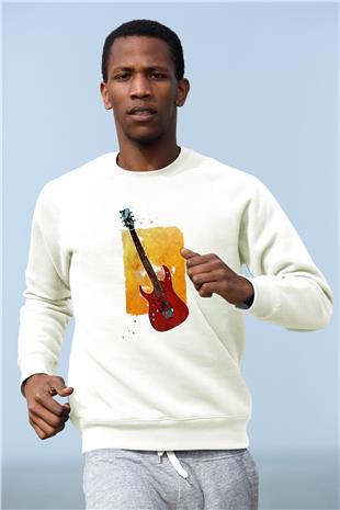 Elektro Gitar Baskılı Beyaz Unisex Sweatshirt
