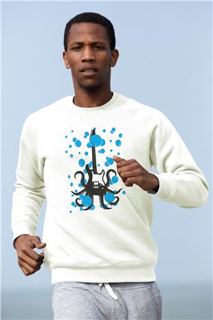 Elektro Gitar Baskılı Beyaz Unisex Sweatshirt