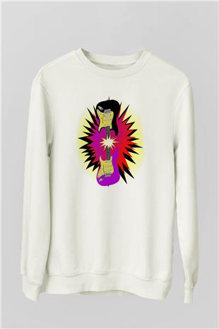 Elektro Gitar Baskılı Beyaz Unisex Sweatshirt