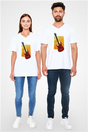 Elektro Gitar Baskılı Beyaz Unisex V Yaka Tişört - Tshirt