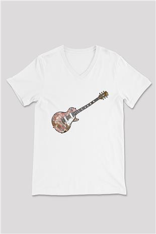 Elektro Gitar Baskılı Beyaz Unisex V Yaka Tişört - Tshirt