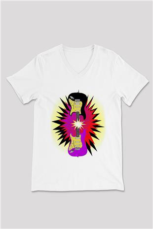 Elektro Gitar Baskılı Beyaz Unisex V Yaka Tişört - Tshirt