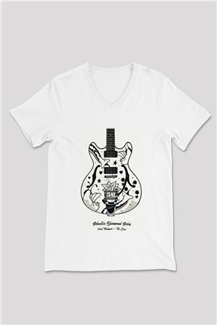 Elektro Gitar Baskılı Beyaz Unisex V Yaka Tişört - Tshirt