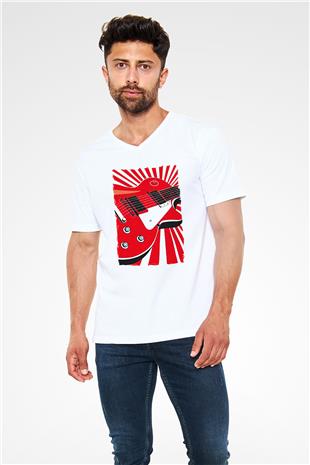 Elektro Gitar Baskılı Beyaz Unisex V Yaka Tişört - Tshirt