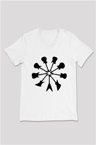 Elektro Gitar Baskılı Beyaz Unisex V Yaka Tişört - Tshirt