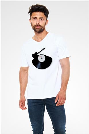 Elektro Gitar Baskılı Beyaz Unisex V Yaka Tişört - Tshirt