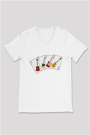 Elektro Gitar Baskılı Beyaz Unisex V Yaka Tişört - Tshirt