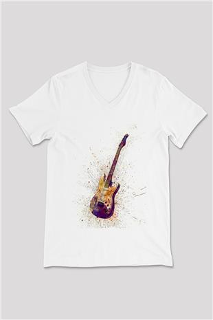 Elektro Gitar Baskılı Beyaz Unisex V Yaka Tişört - Tshirt