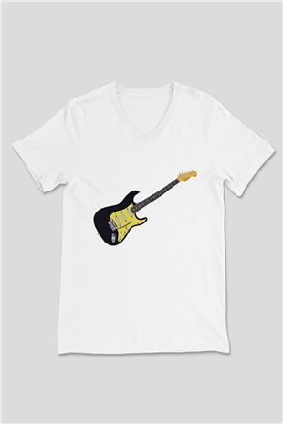 Elektro Gitar Baskılı Beyaz Unisex V Yaka Tişört - Tshirt