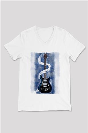 Elektro Gitar Baskılı Beyaz Unisex V Yaka Tişört - Tshirt