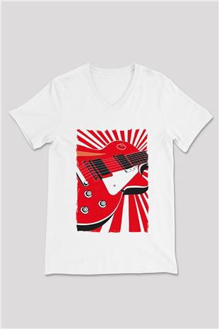 Elektro Gitar Baskılı Beyaz Unisex V Yaka Tişört - Tshirt