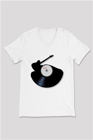 Elektro Gitar Baskılı Beyaz Unisex V Yaka Tişört - Tshirt