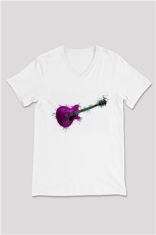 Elektro Gitar Baskılı Beyaz Unisex V Yaka Tişört - Tshirt