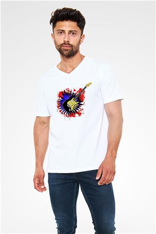 Elektro Gitar Baskılı Beyaz Unisex V Yaka Tişört - Tshirt