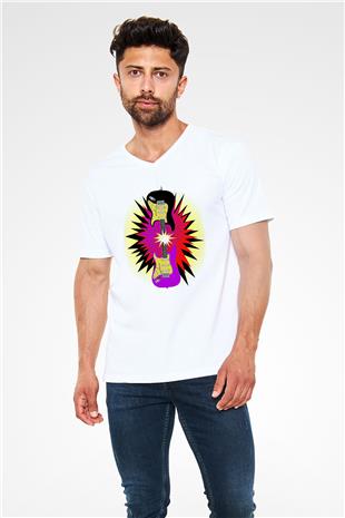 Elektro Gitar Baskılı Beyaz Unisex V Yaka Tişört - Tshirt