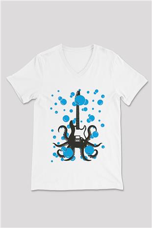 Elektro Gitar Baskılı Beyaz Unisex V Yaka Tişört - Tshirt