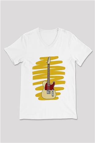 Elektro Gitar Baskılı Beyaz Unisex V Yaka Tişört - Tshirt