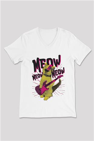Elektro Gitar Baskılı Beyaz Unisex V Yaka Tişört - Tshirt
