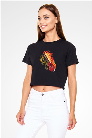 Elektro Gitar Baskılı Siyah Crop Top Kadın Tişört - Tshirt