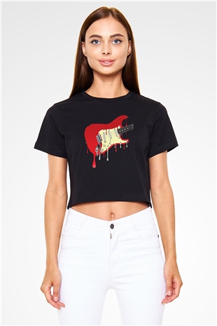 Elektro Gitar Baskılı Siyah Crop Top Kadın Tişört - Tshirt