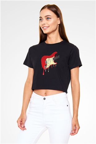 Elektro Gitar Baskılı Siyah Crop Top Kadın Tişört - Tshirt