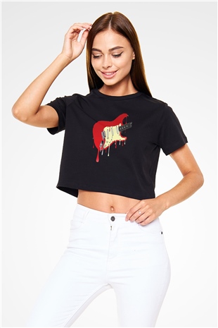 Elektro Gitar Baskılı Siyah Crop Top Kadın Tişört - Tshirt