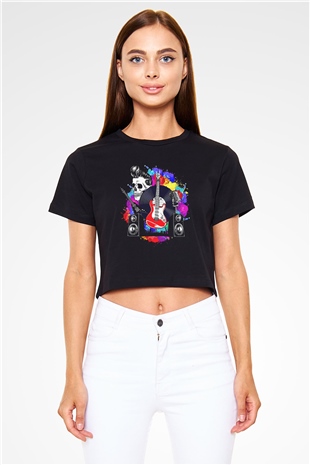 Elektro Gitar Baskılı Siyah Crop Top Kadın Tişört - Tshirt