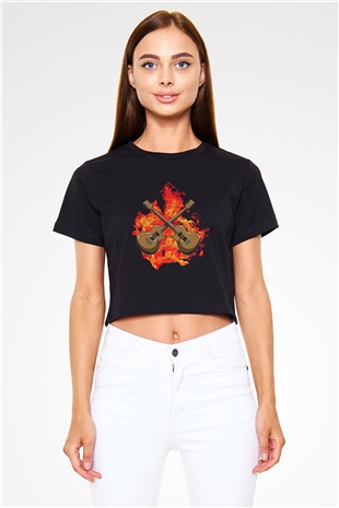 Elektro Gitar Baskılı Siyah Crop Top Kadın Tişört - Tshirt