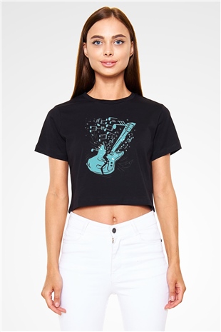 Elektro Gitar Baskılı Siyah Crop Top Kadın Tişört - Tshirt