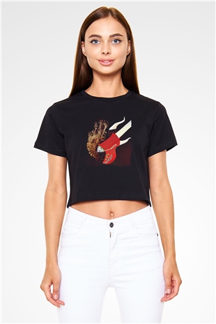 Elektro Gitar Baskılı Siyah Crop Top Kadın Tişört - Tshirt