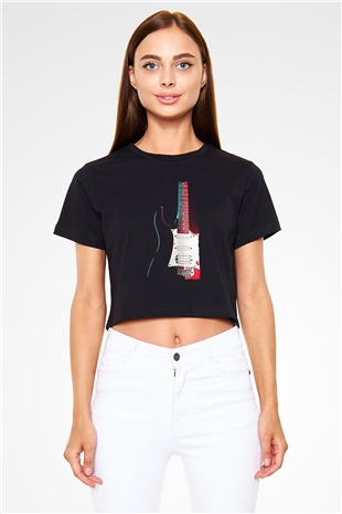 Elektro Gitar Baskılı Siyah Crop Top Kadın Tişört - Tshirt