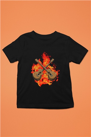 Elektro Gitar Baskılı Unisex Siyah Çocuk Tişört - Tshirt