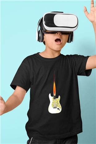 Elektro Gitar Baskılı Unisex Siyah Çocuk Tişört - Tshirt