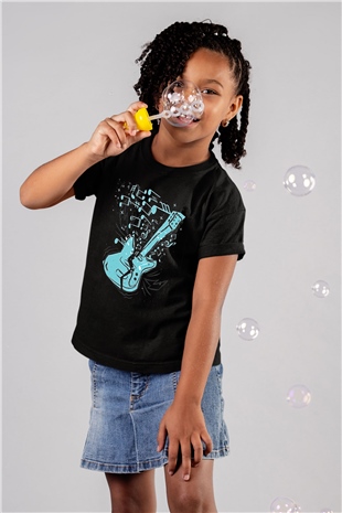 Elektro Gitar Baskılı Unisex Siyah Çocuk Tişört - Tshirt