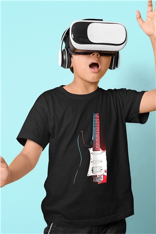 Elektro Gitar Baskılı Unisex Siyah Çocuk Tişört - Tshirt