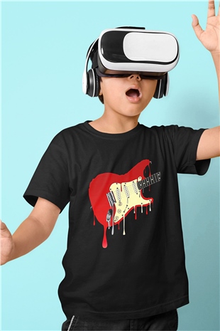 Elektro Gitar Baskılı Unisex Siyah Çocuk Tişört - Tshirt